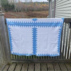 Vintage Blue White Geometric Embroidered Tablecloth Nordic Folk Art Style #612